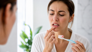 woman discovering bleeding gums while brushing