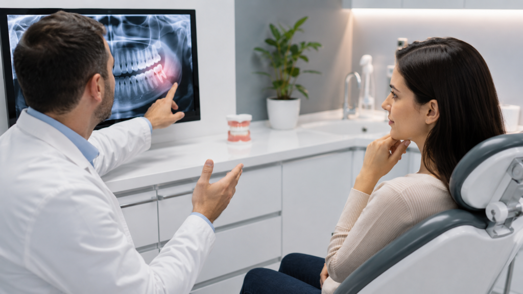 patient with dentist discussion wisdom tooth pain